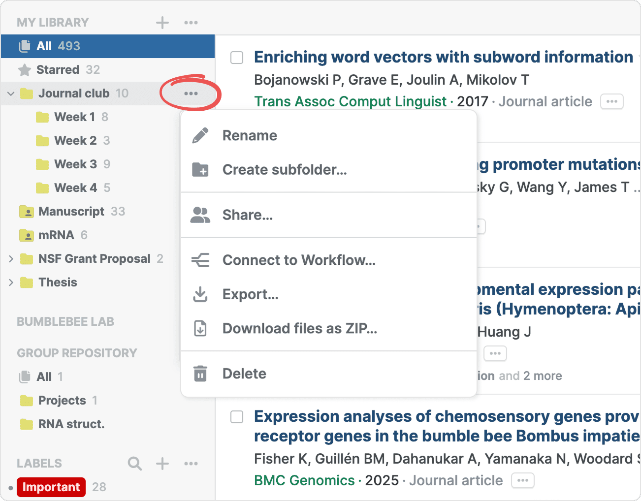 The Journal club folder’s circled three-dot menu open on Rename, “Create subfolder…”, Share…, “Connect to Workflow…”, Export…, “Download files as ZIP…” and Delete.